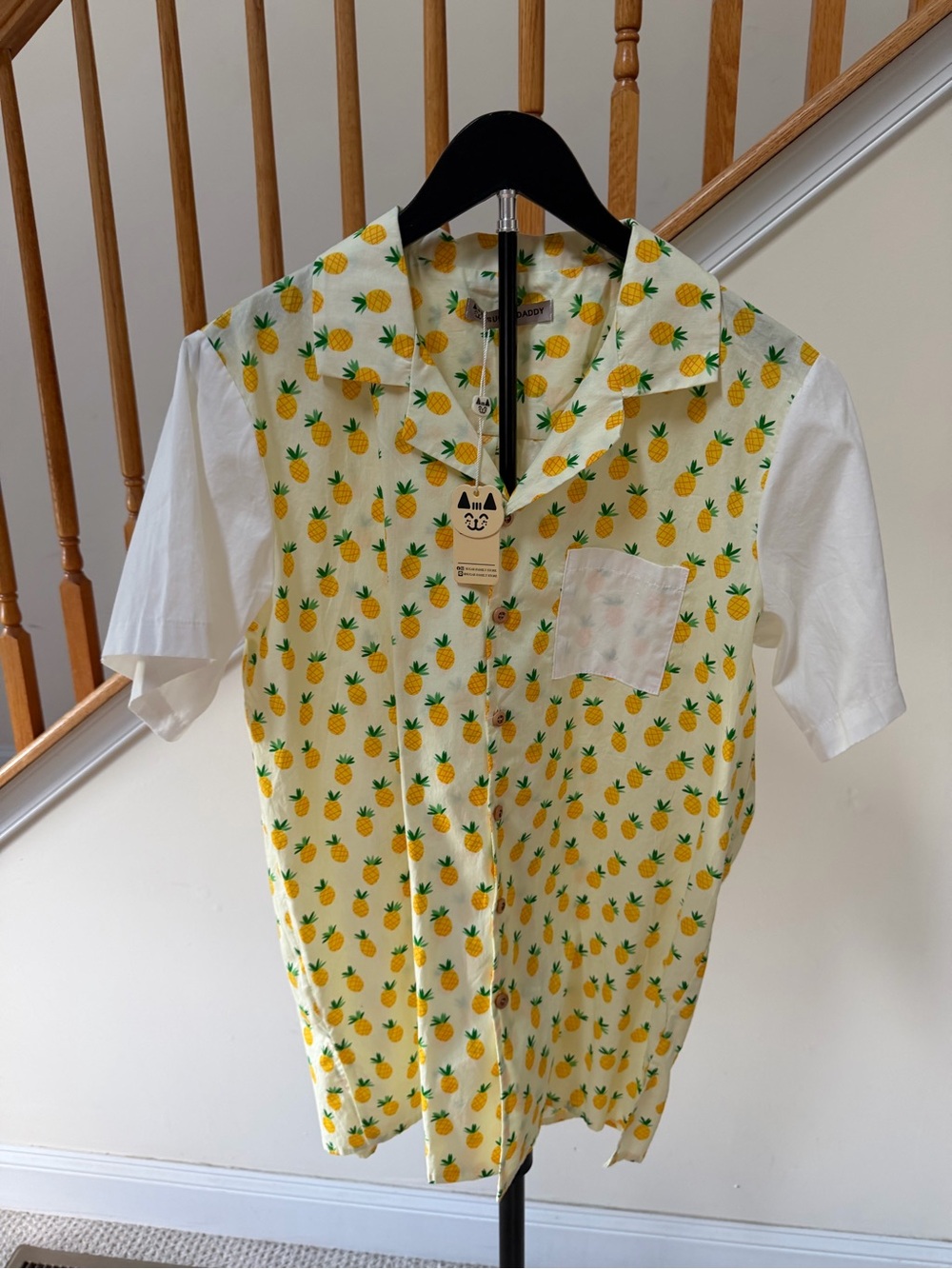 Men's Short-Sleeve Pineapple Print Button-Down Shirt - Yellow/White